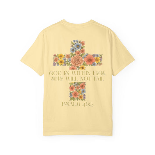 Floral Cross Inspirational T-Shirt - Unisex God Is Within Her Tee, Christian Gift, Faith Apparel, Spiritual Wear, Bible Verse Shirt