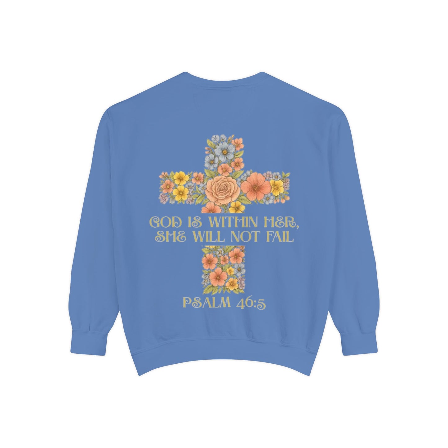 Floral Cross Inspirational Sweatshirt, Unisex Peach Pullover, Religious Gift for Women, Cozy Church Sweatshirt, Psalm 46:5 Apparel