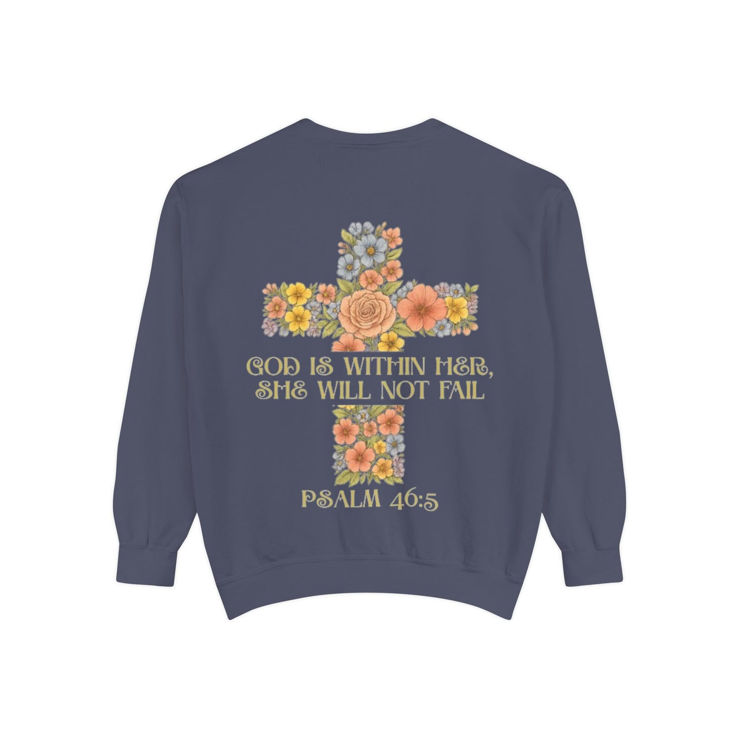 Floral Cross Inspirational Sweatshirt, Unisex Peach Pullover, Religious Gift for Women, Cozy Church Sweatshirt, Psalm 46:5 Apparel
