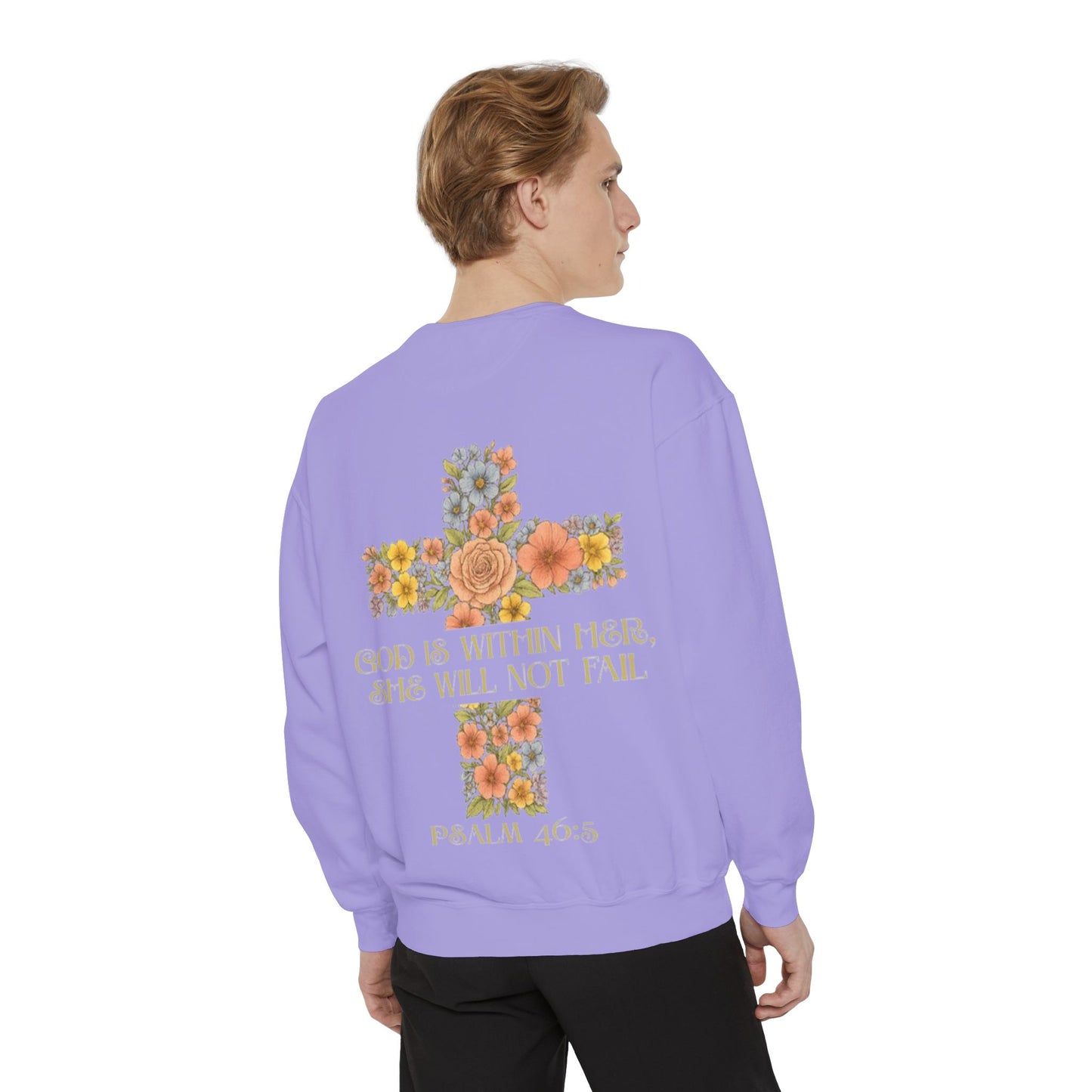 Floral Cross Inspirational Sweatshirt, Unisex Peach Pullover, Religious Gift for Women, Cozy Church Sweatshirt, Psalm 46:5 Apparel