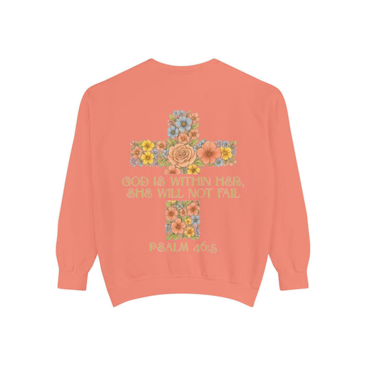 Floral Cross Inspirational Sweatshirt, Unisex Peach Pullover, Religious Gift for Women, Cozy Church Sweatshirt, Psalm 46:5 Apparel