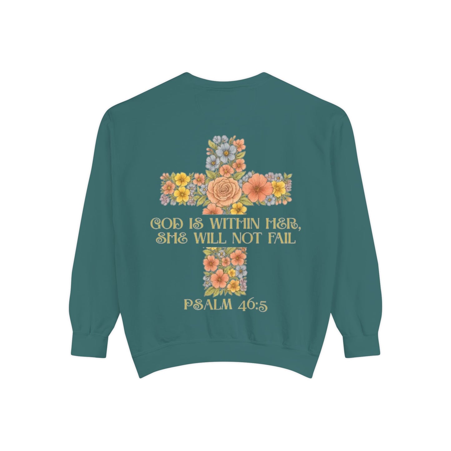 Floral Cross Inspirational Sweatshirt, Unisex Peach Pullover, Religious Gift for Women, Cozy Church Sweatshirt, Psalm 46:5 Apparel