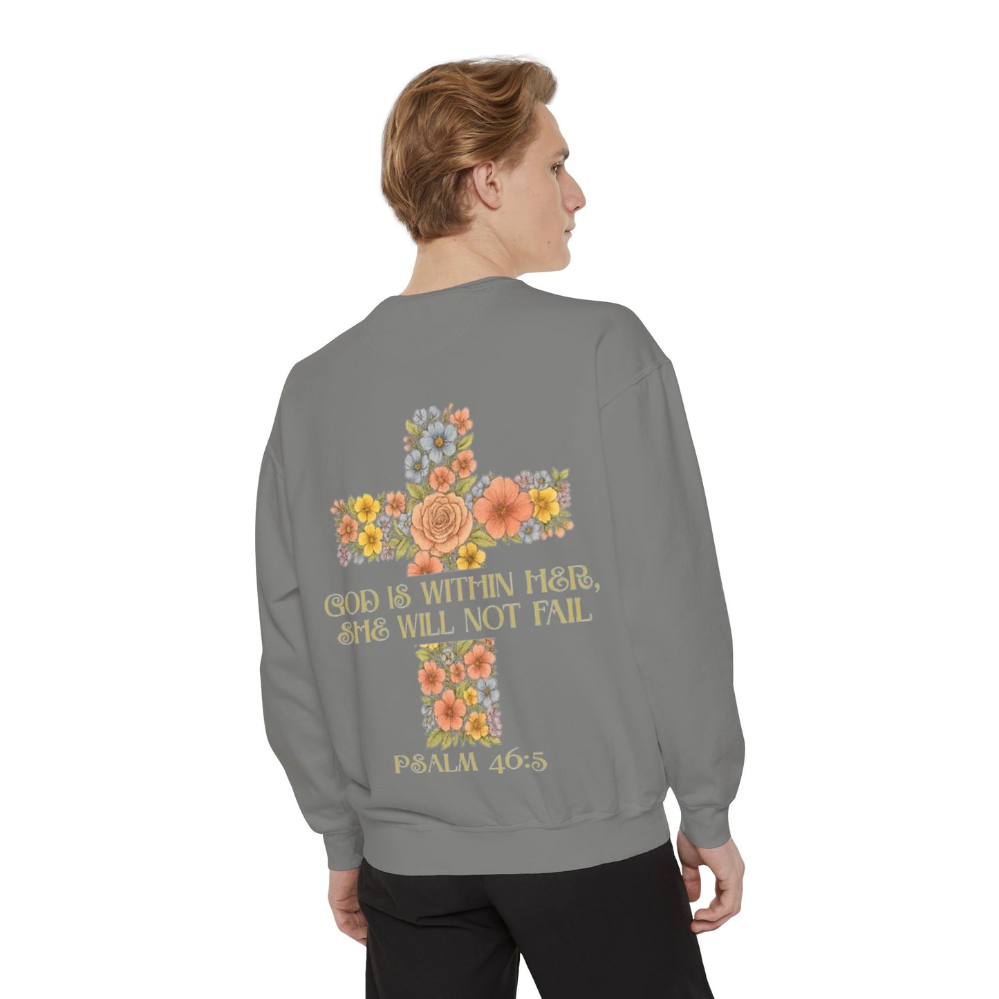 Floral Cross Inspirational Sweatshirt, Unisex Peach Pullover, Religious Gift for Women, Cozy Church Sweatshirt, Psalm 46:5 Apparel