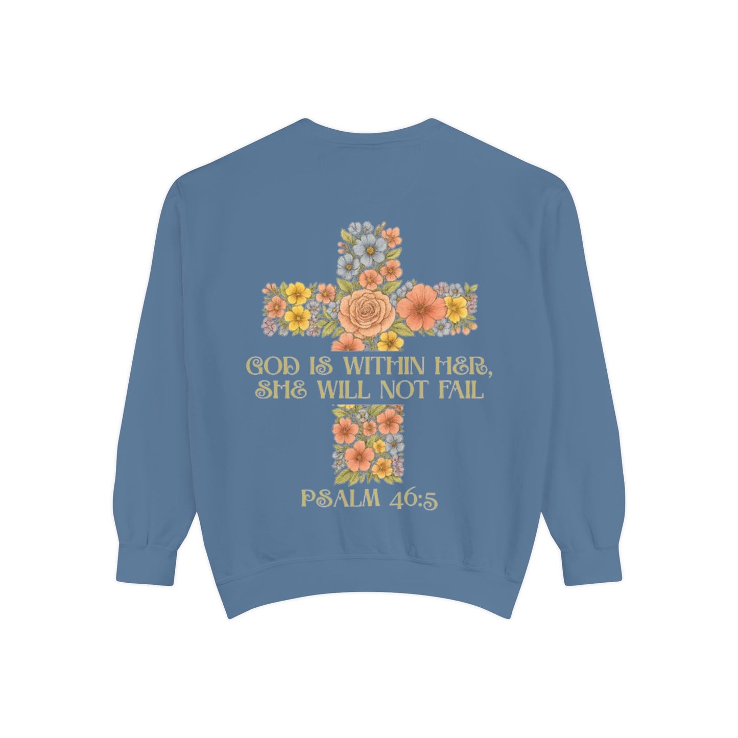 Floral Cross Inspirational Sweatshirt, Unisex Peach Pullover, Religious Gift for Women, Cozy Church Sweatshirt, Psalm 46:5 Apparel