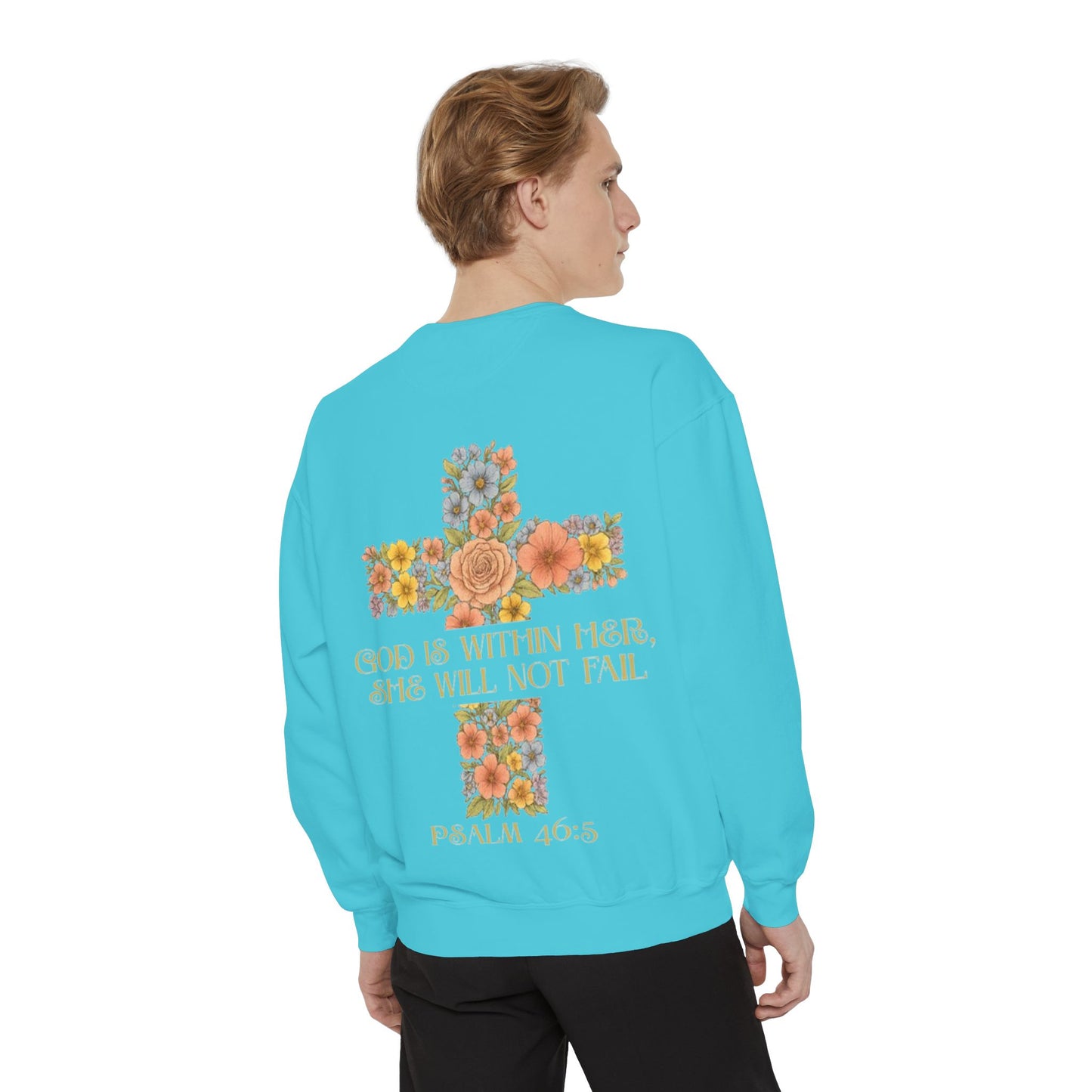 Floral Cross Inspirational Sweatshirt, Unisex Peach Pullover, Religious Gift for Women, Cozy Church Sweatshirt, Psalm 46:5 Apparel