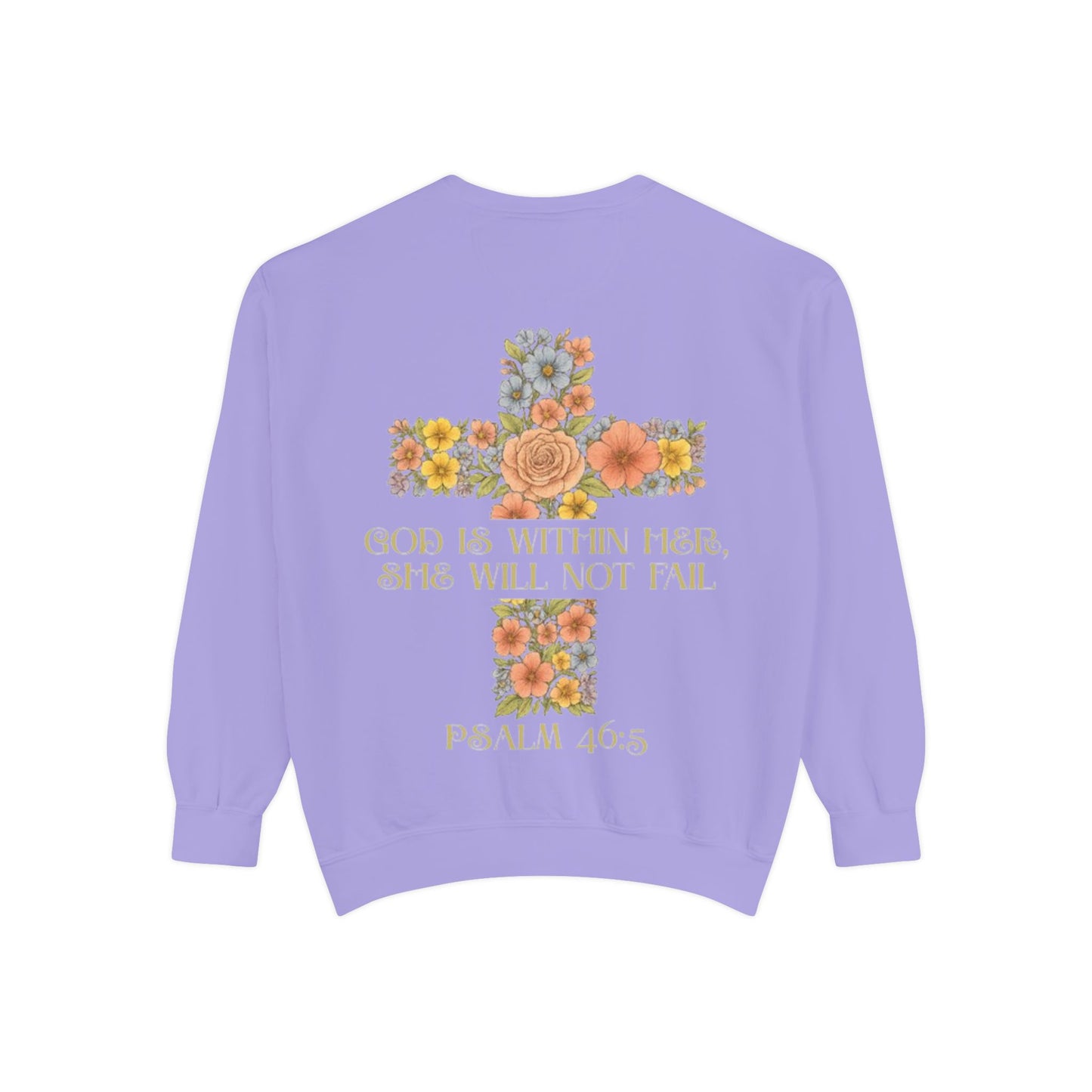 Floral Cross Inspirational Sweatshirt, Unisex Peach Pullover, Religious Gift for Women, Cozy Church Sweatshirt, Psalm 46:5 Apparel