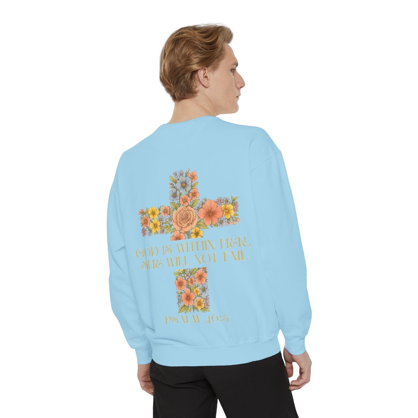 Floral Cross Inspirational Sweatshirt, Unisex Peach Pullover, Religious Gift for Women, Cozy Church Sweatshirt, Psalm 46:5 Apparel