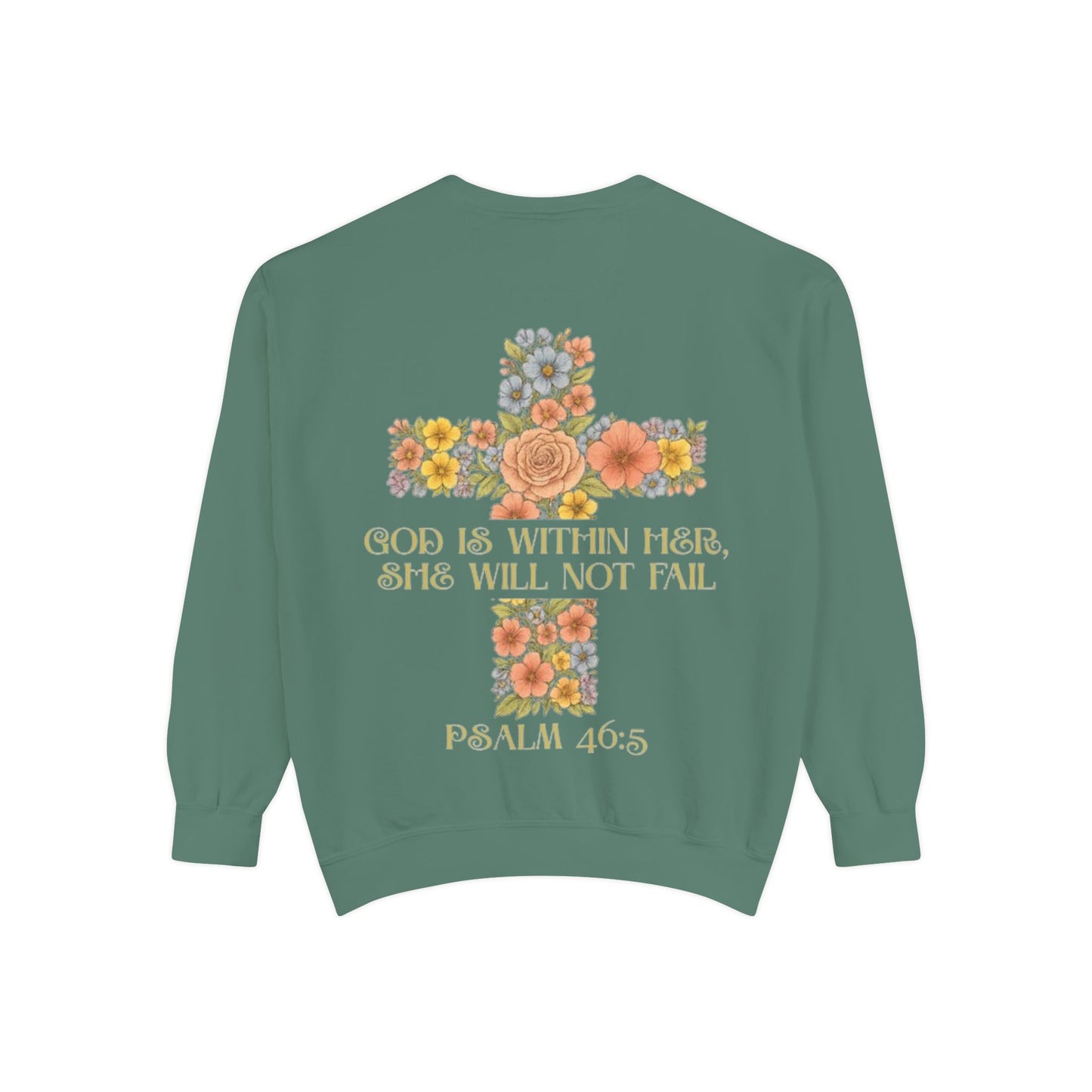 Floral Cross Inspirational Sweatshirt, Unisex Peach Pullover, Religious Gift for Women, Cozy Church Sweatshirt, Psalm 46:5 Apparel