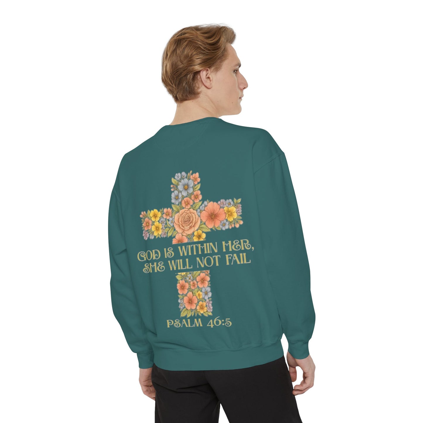 Floral Cross Inspirational Sweatshirt, Unisex Peach Pullover, Religious Gift for Women, Cozy Church Sweatshirt, Psalm 46:5 Apparel
