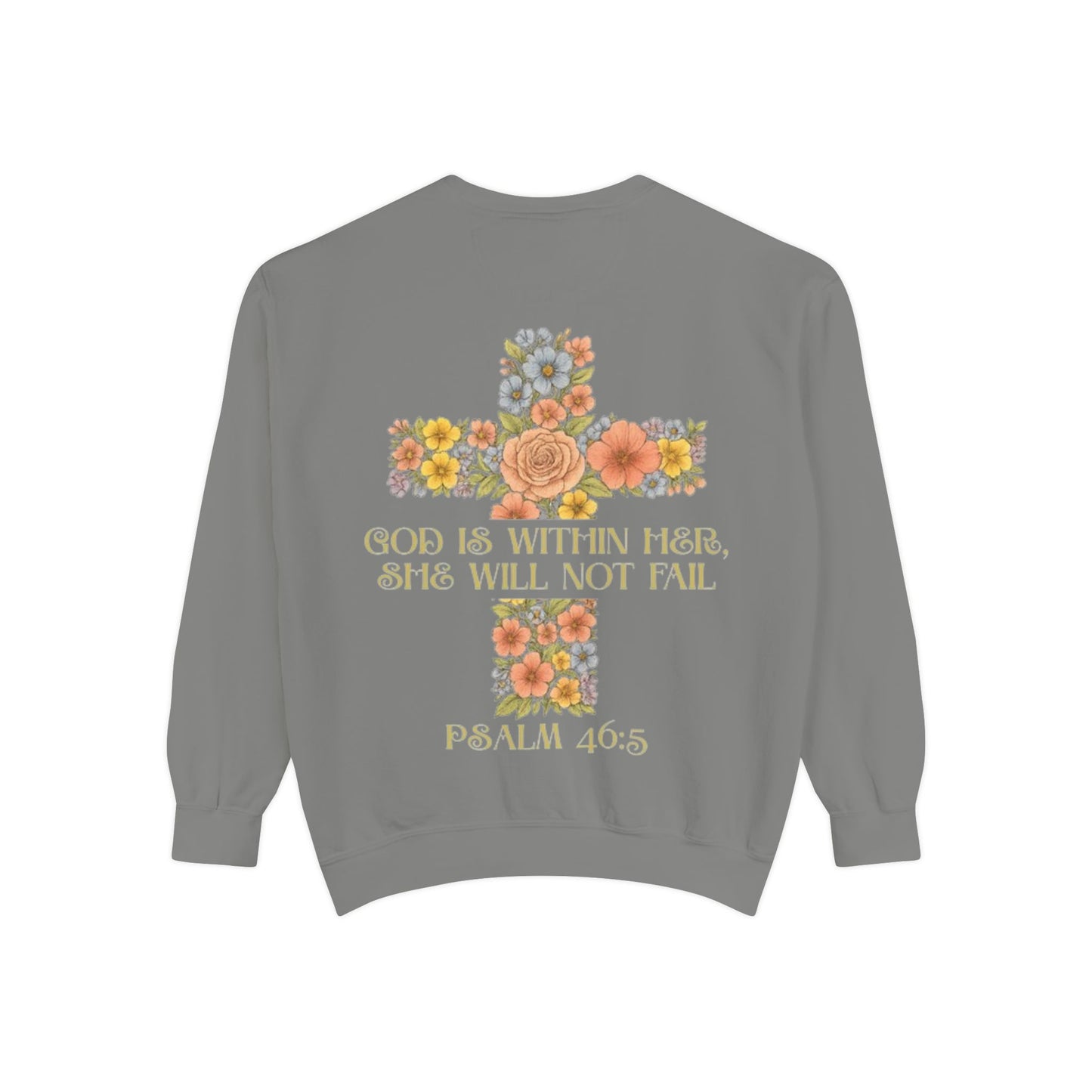 Floral Cross Inspirational Sweatshirt, Unisex Peach Pullover, Religious Gift for Women, Cozy Church Sweatshirt, Psalm 46:5 Apparel