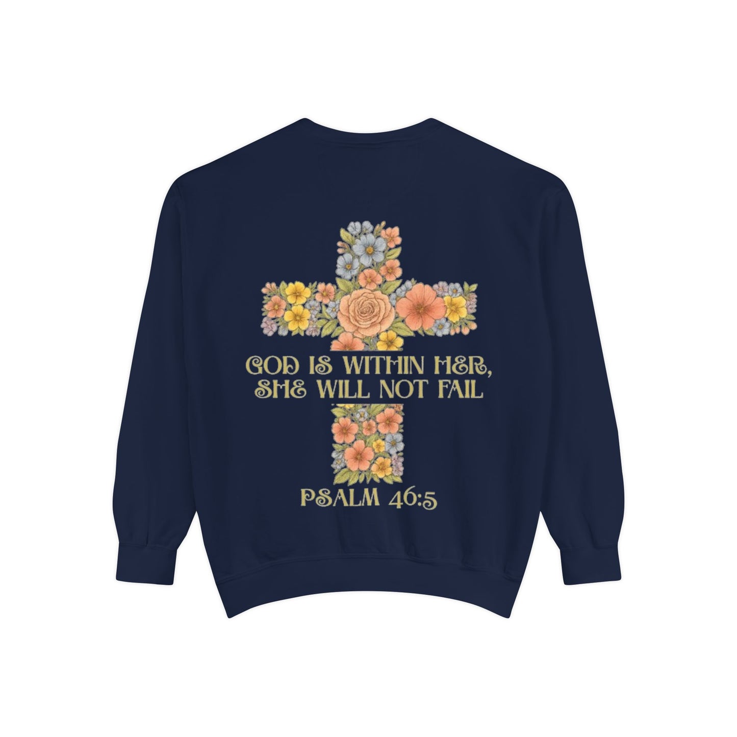 Floral Cross Inspirational Sweatshirt, Unisex Peach Pullover, Religious Gift for Women, Cozy Church Sweatshirt, Psalm 46:5 Apparel