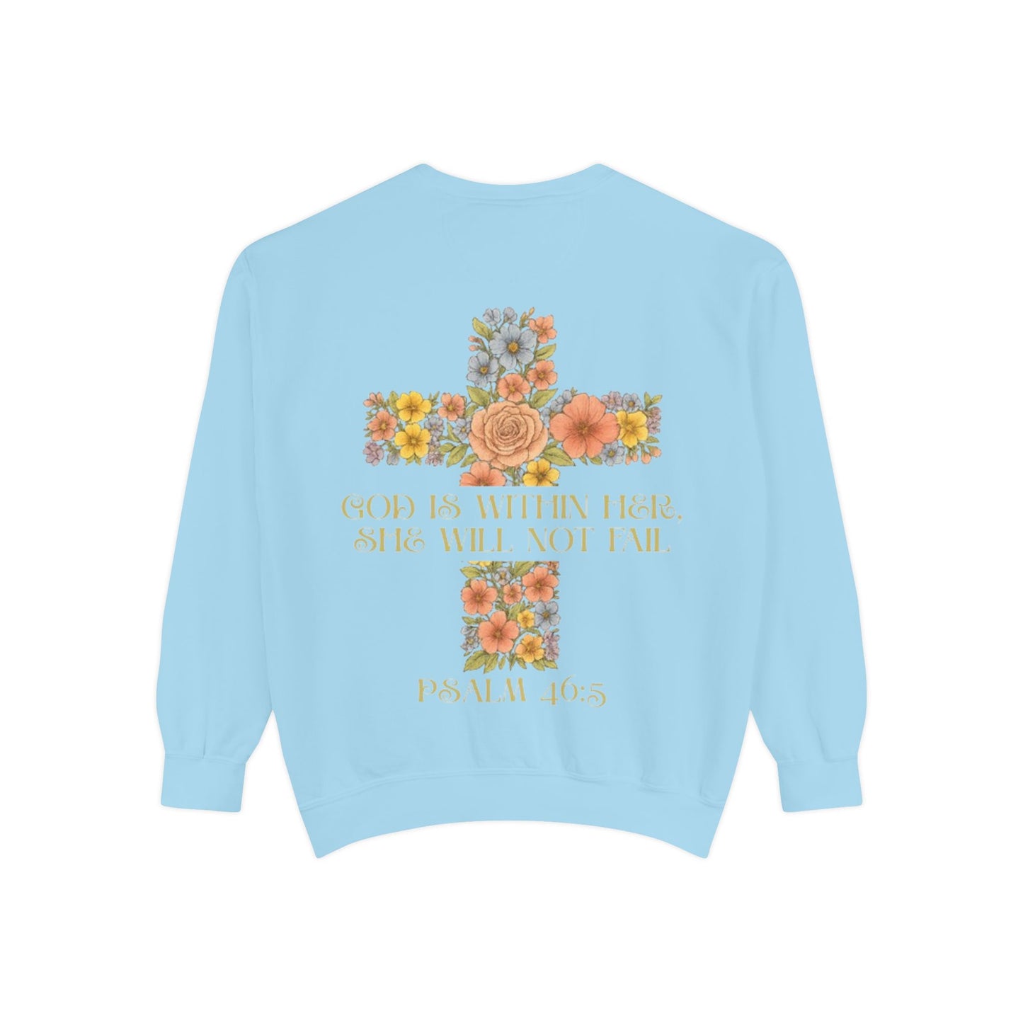Floral Cross Inspirational Sweatshirt, Unisex Peach Pullover, Religious Gift for Women, Cozy Church Sweatshirt, Psalm 46:5 Apparel