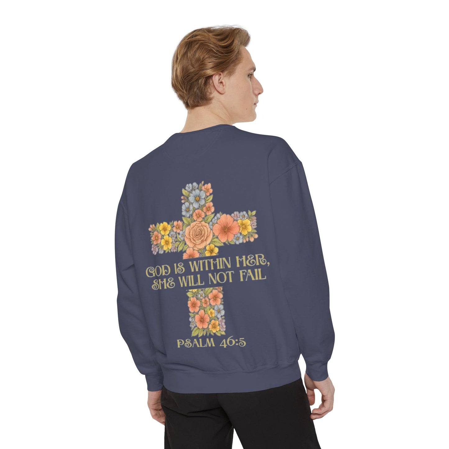 Floral Cross Inspirational Sweatshirt, Unisex Peach Pullover, Religious Gift for Women, Cozy Church Sweatshirt, Psalm 46:5 Apparel