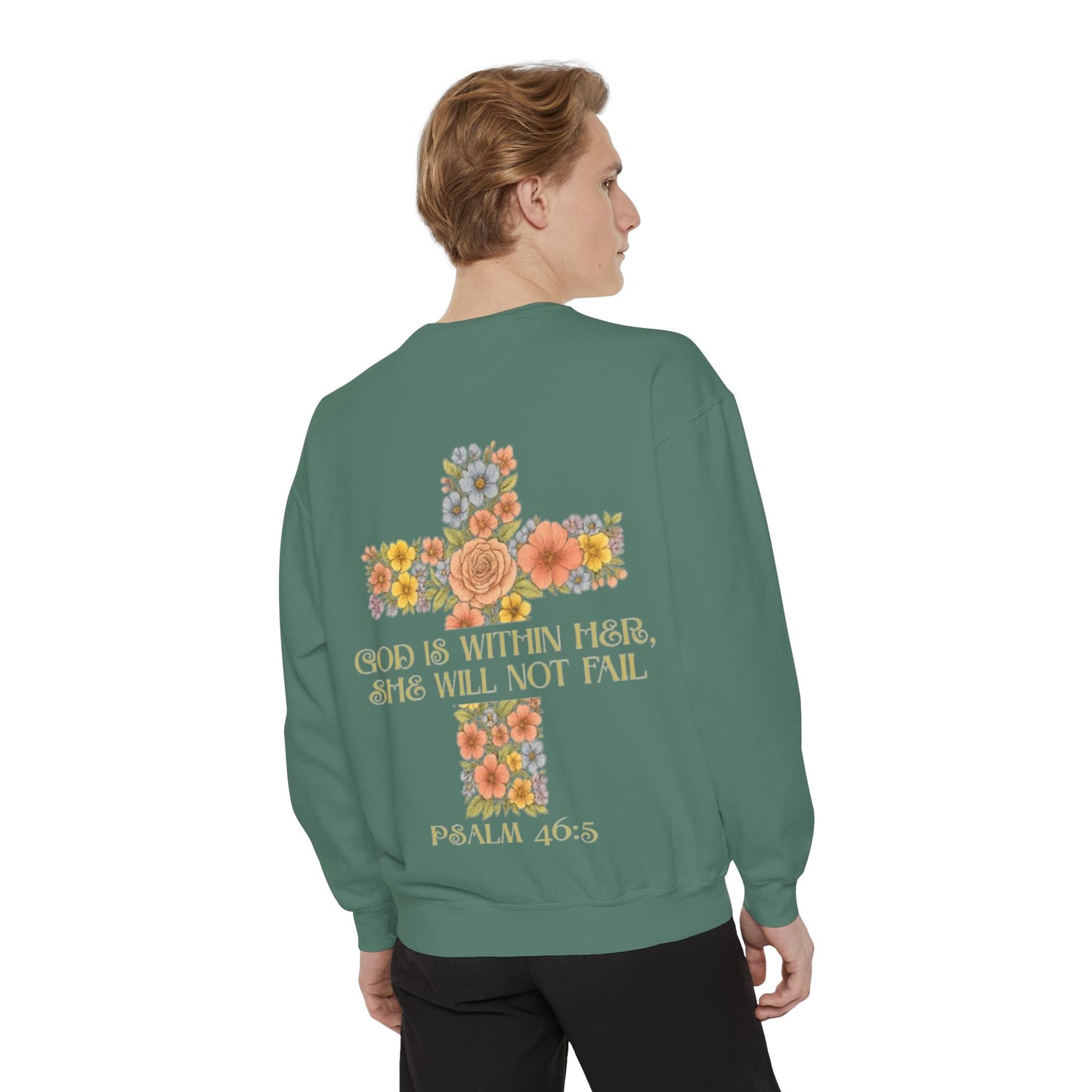 Floral Cross Inspirational Sweatshirt, Unisex Peach Pullover, Religious Gift for Women, Cozy Church Sweatshirt, Psalm 46:5 Apparel