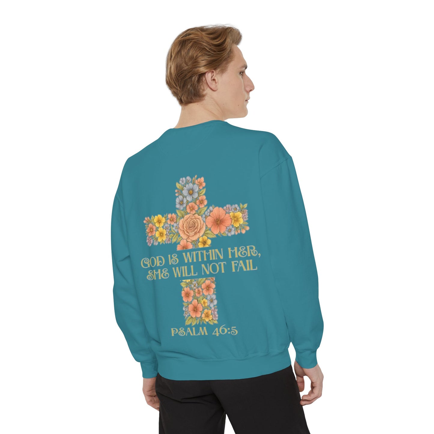 Floral Cross Inspirational Sweatshirt, Unisex Peach Pullover, Religious Gift for Women, Cozy Church Sweatshirt, Psalm 46:5 Apparel