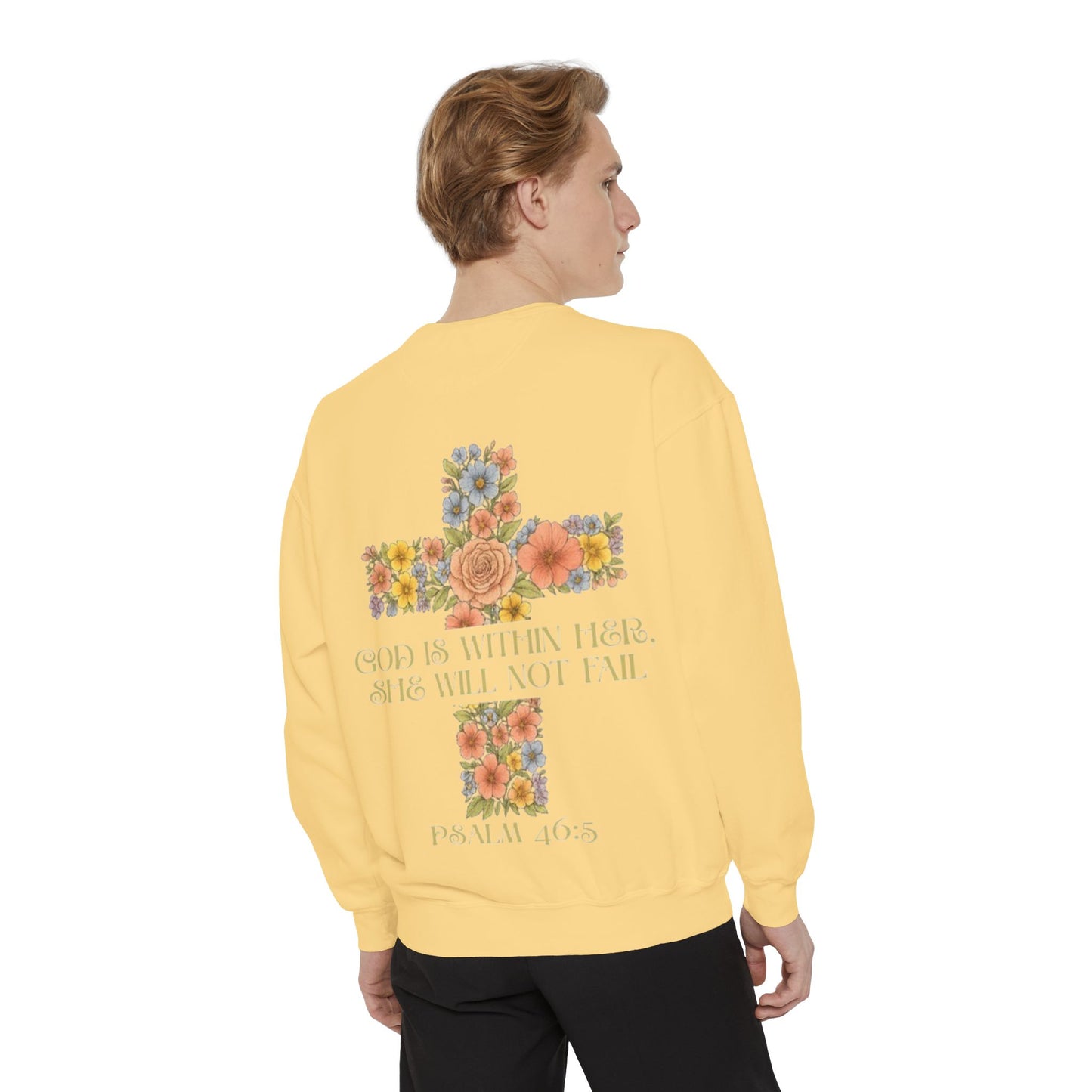 Floral Cross Inspirational Sweatshirt, Unisex Peach Pullover, Religious Gift for Women, Cozy Church Sweatshirt, Psalm 46:5 Apparel
