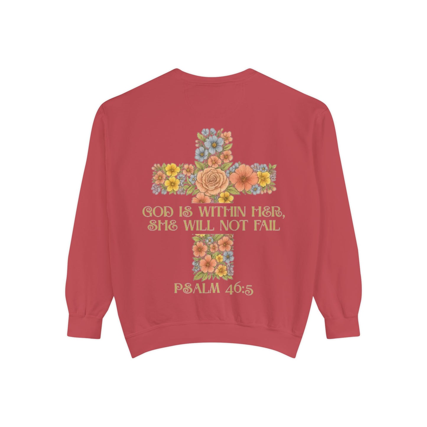 Floral Cross Inspirational Sweatshirt, Unisex Peach Pullover, Religious Gift for Women, Cozy Church Sweatshirt, Psalm 46:5 Apparel