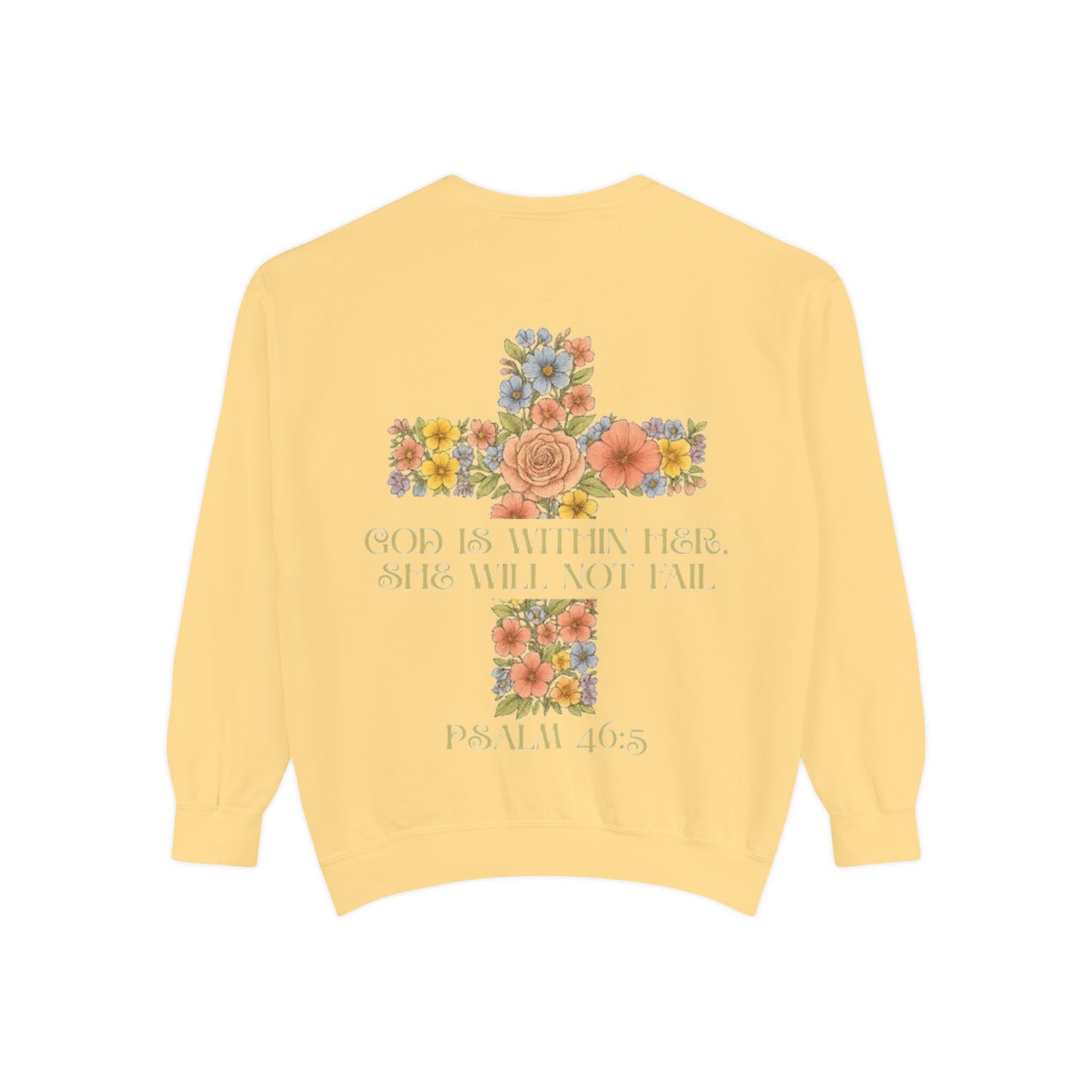 Floral Cross Inspirational Sweatshirt, Unisex Peach Pullover, Religious Gift for Women, Cozy Church Sweatshirt, Psalm 46:5 Apparel