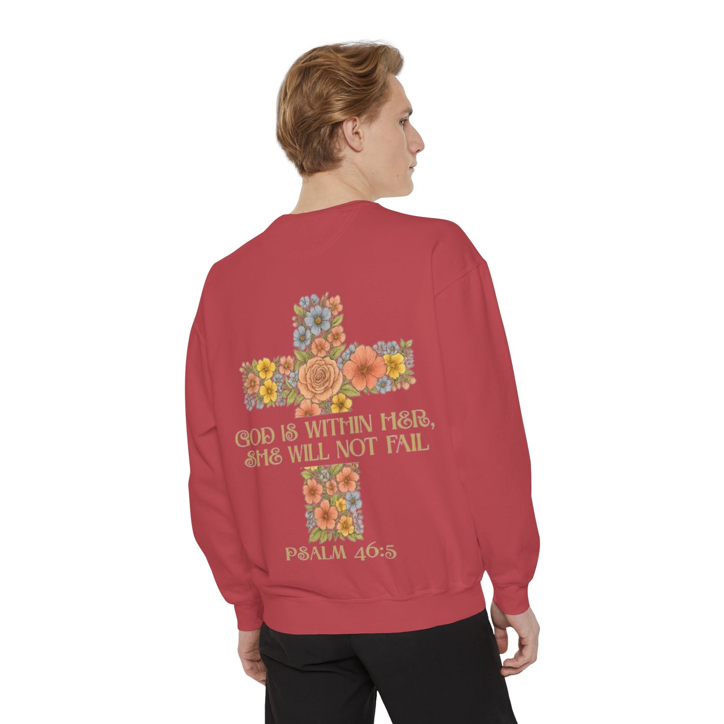 Floral Cross Inspirational Sweatshirt, Unisex Peach Pullover, Religious Gift for Women, Cozy Church Sweatshirt, Psalm 46:5 Apparel