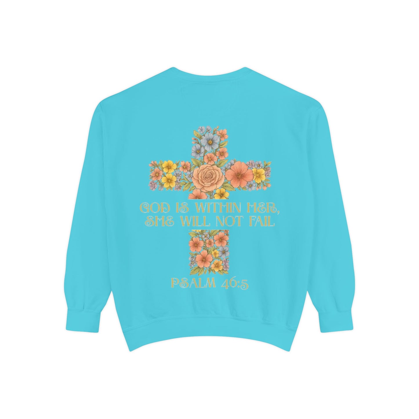 Floral Cross Inspirational Sweatshirt, Unisex Peach Pullover, Religious Gift for Women, Cozy Church Sweatshirt, Psalm 46:5 Apparel