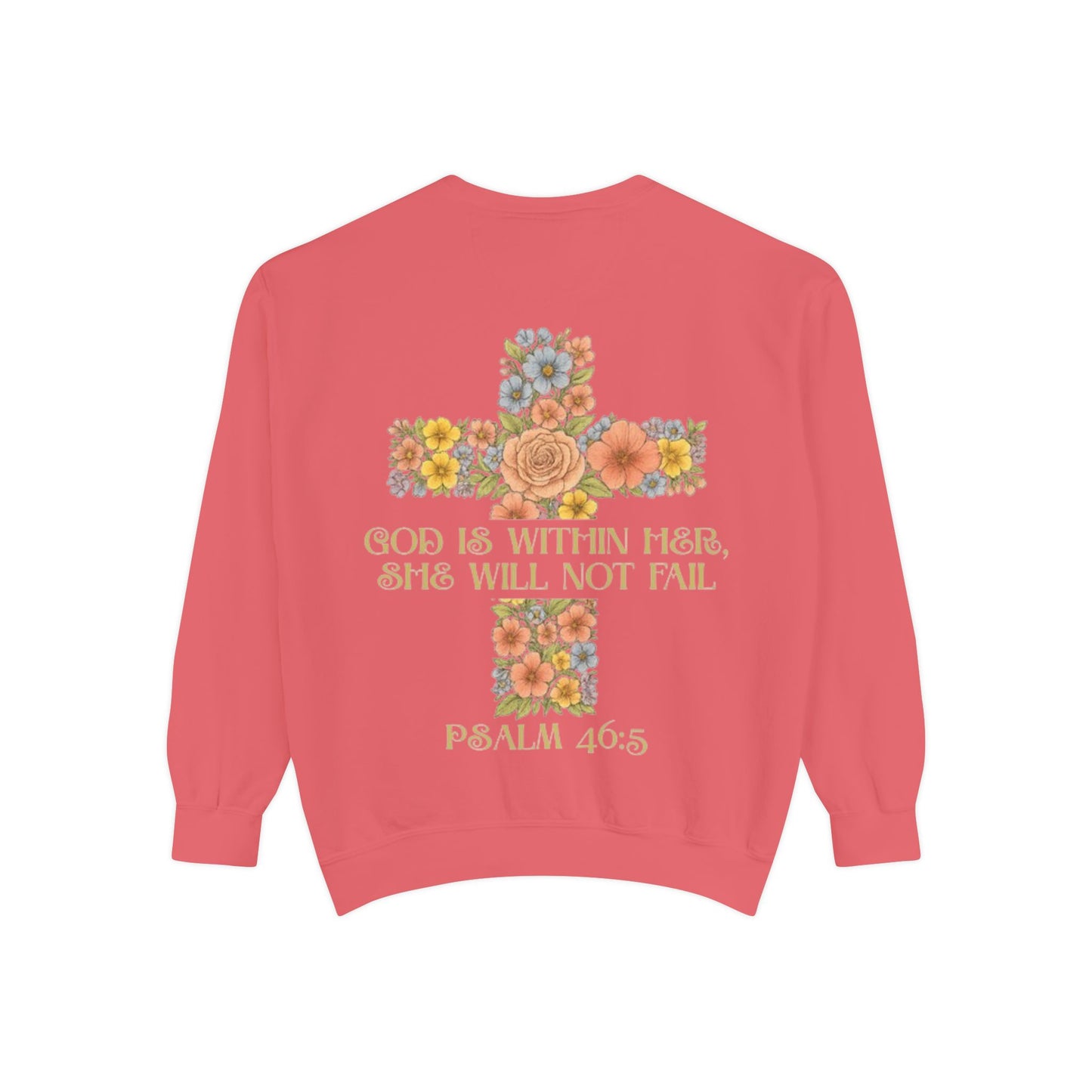 Floral Cross Inspirational Sweatshirt, Unisex Peach Pullover, Religious Gift for Women, Cozy Church Sweatshirt, Psalm 46:5 Apparel