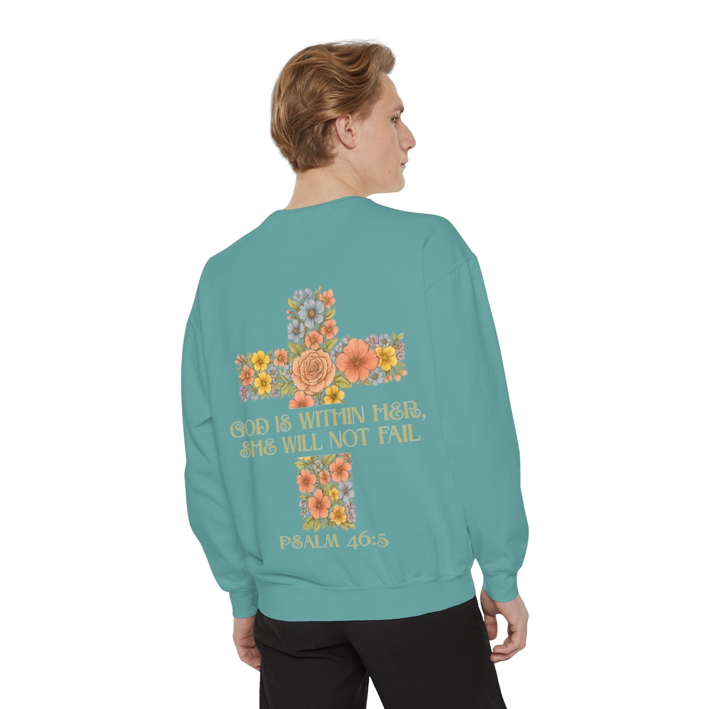 Floral Cross Inspirational Sweatshirt, Unisex Peach Pullover, Religious Gift for Women, Cozy Church Sweatshirt, Psalm 46:5 Apparel