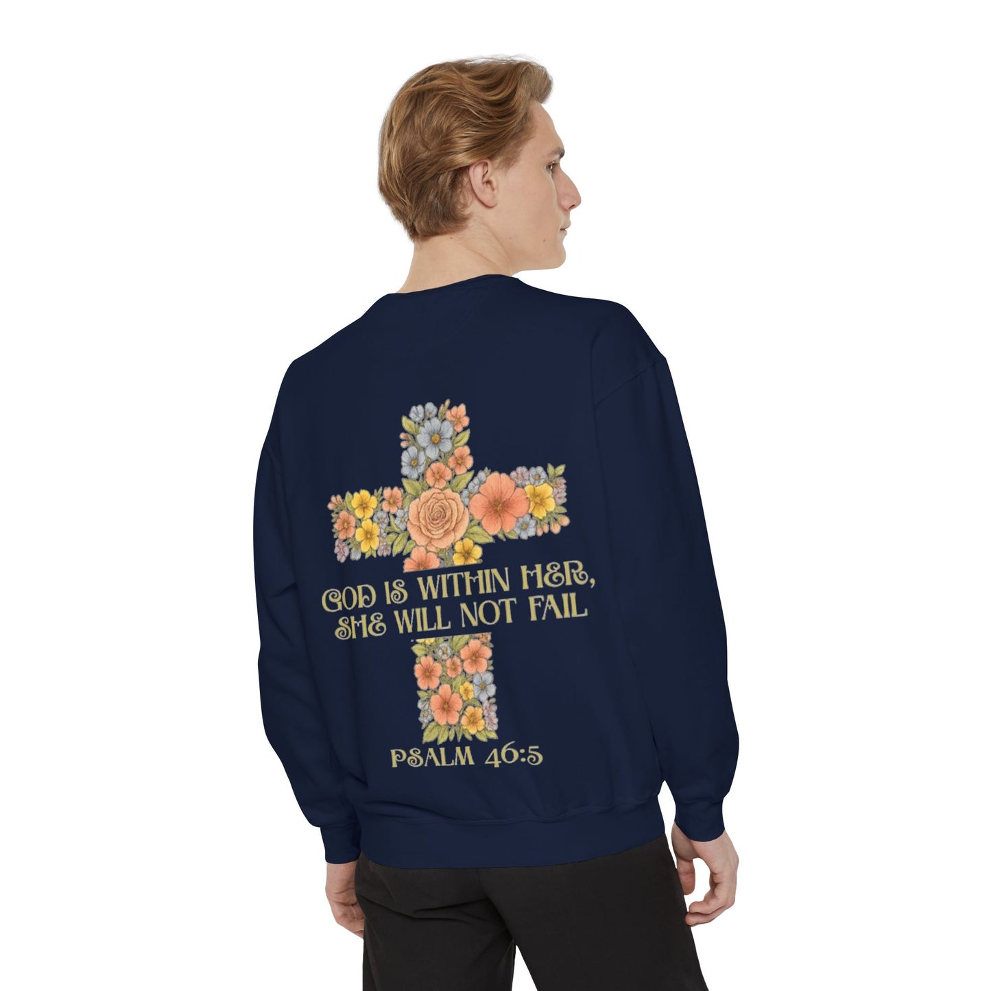 Floral Cross Inspirational Sweatshirt, Unisex Peach Pullover, Religious Gift for Women, Cozy Church Sweatshirt, Psalm 46:5 Apparel