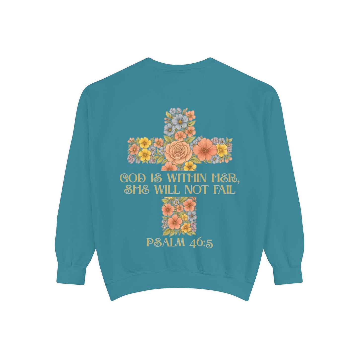 Floral Cross Inspirational Sweatshirt, Unisex Peach Pullover, Religious Gift for Women, Cozy Church Sweatshirt, Psalm 46:5 Apparel