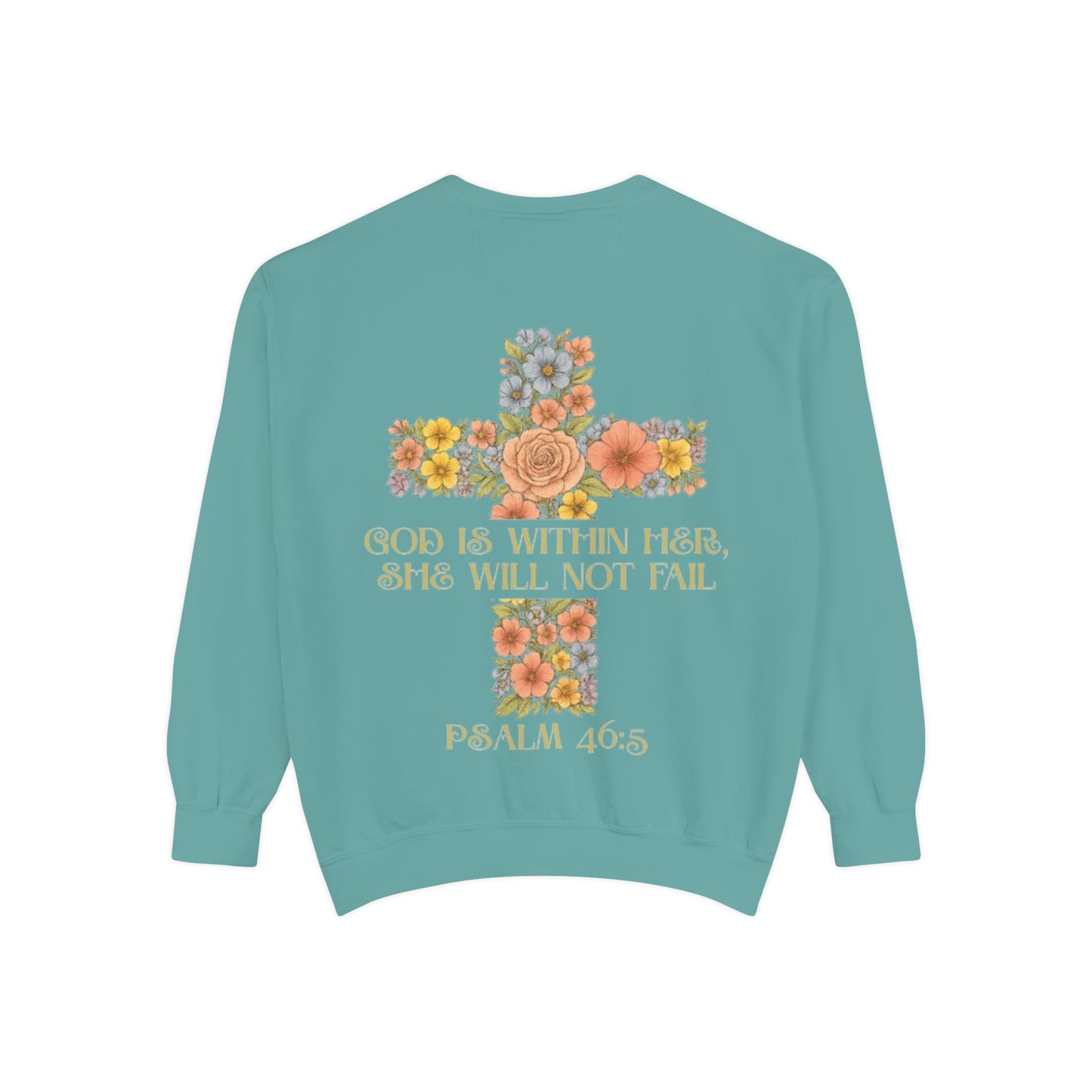 Floral Cross Inspirational Sweatshirt, Unisex Peach Pullover, Religious Gift for Women, Cozy Church Sweatshirt, Psalm 46:5 Apparel