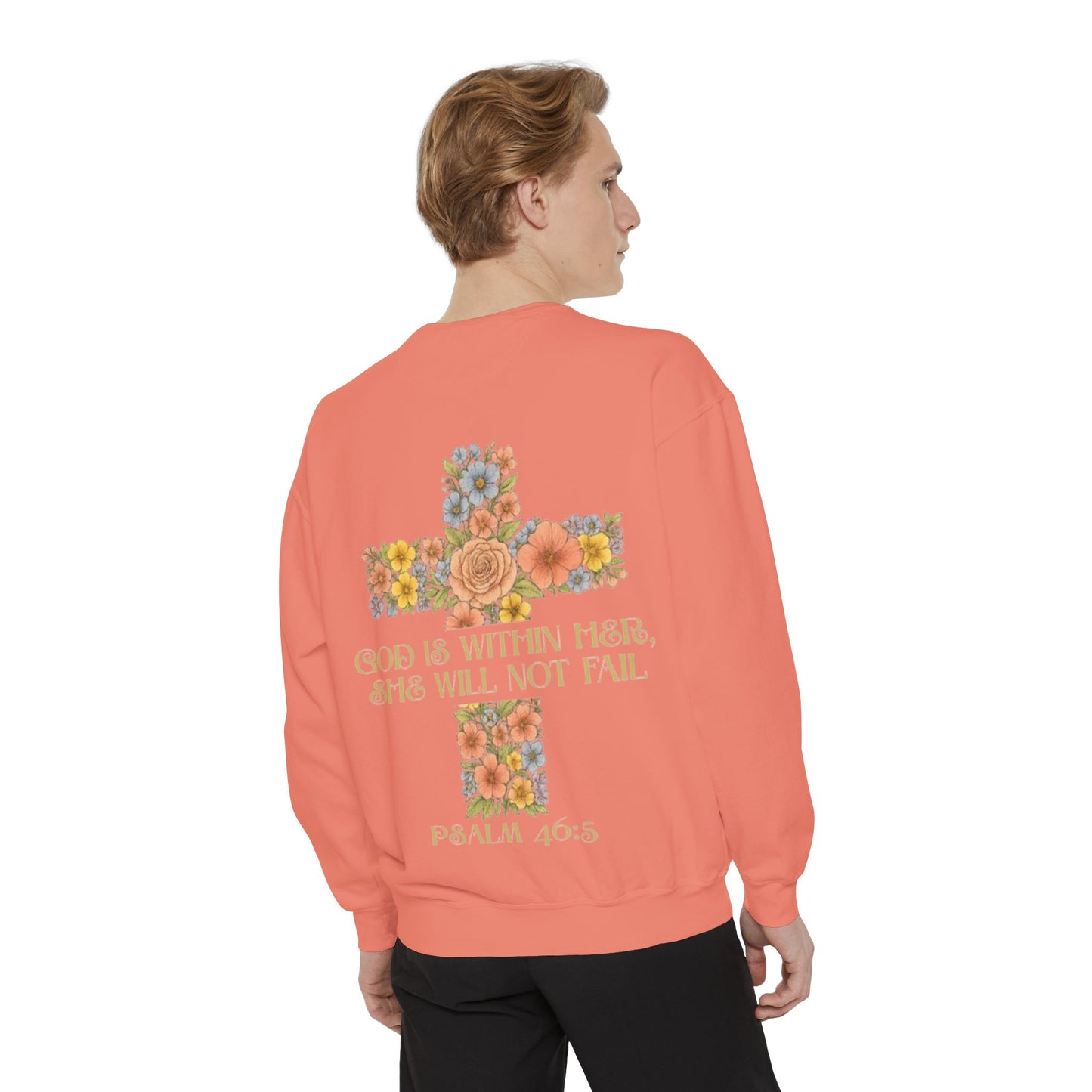 Floral Cross Inspirational Sweatshirt, Unisex Peach Pullover, Religious Gift for Women, Cozy Church Sweatshirt, Psalm 46:5 Apparel